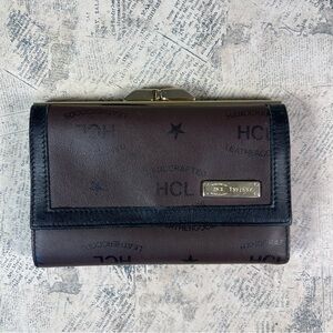 Vintage HCL Made in Germany Leather Trifold Wallet Kiss Lock Coin Purse Monogram